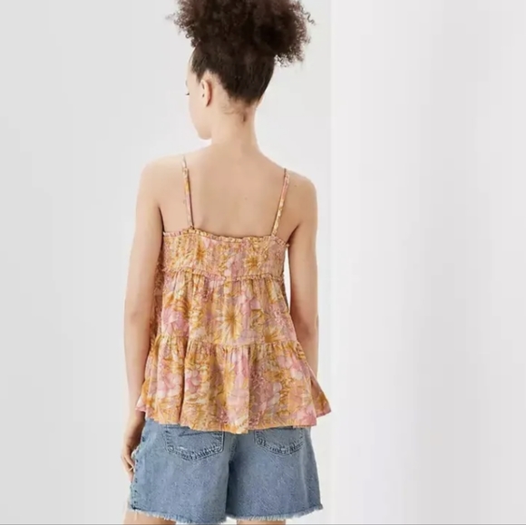 L American Eagle Smocked Yellow Orange Floral babydoll Tank Lrg - Picture 3 of 7